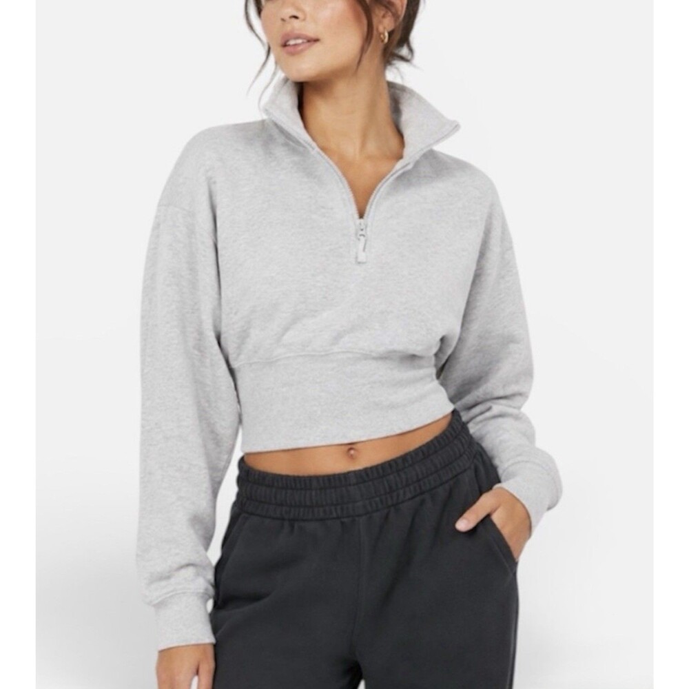 OFFLINE by Aerie Cropped Quarter Zip Sweatshirt Gray Long Sleeve SZ Medium Cozy